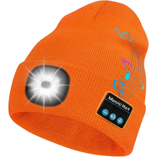 Bosttor Bluetooth Beanie Hat with Light, Headlamp Cap with Headphones and Built-in Speaker Mic, Gifts for Men Women Teen Orange
