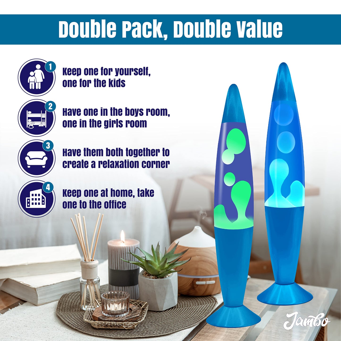 JAMBO 2 Pack- 16" Beautiful Lamp- Blue with Blue/White Wax and Blue with Yellow Wax, Relaxing Liquid Lamp, Night Light Nightlight, Lamps for Adults