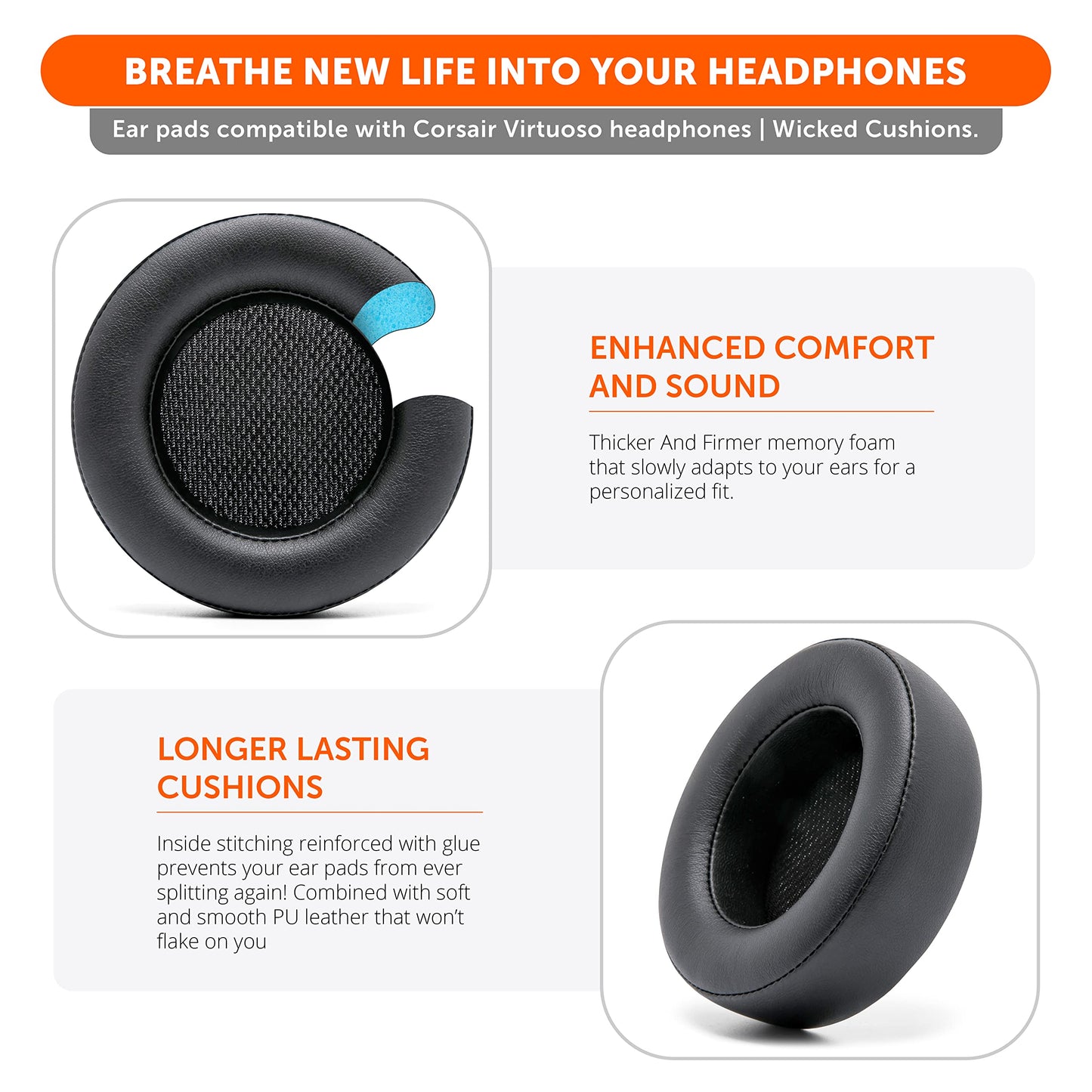 WC Upgraded Replacement Earpads for Corsair Virtuoso Gaming Headset Made by Wicked Cushions | Improved Durability, Thickness, Softer Leather