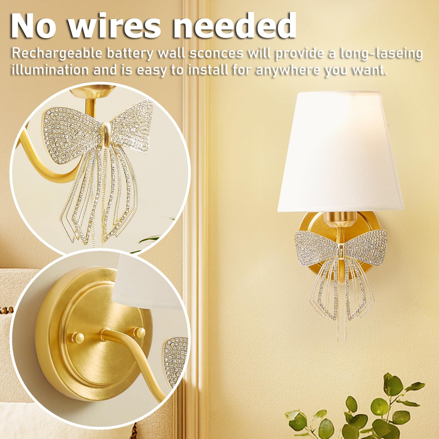 Mesuz Battery Operated Wall Sconces Lights Set of 2 Remote Control, Bow Sconces Rechargeable Battery Powered Bow Lamps Dimmable LED 2700K-6000K 16