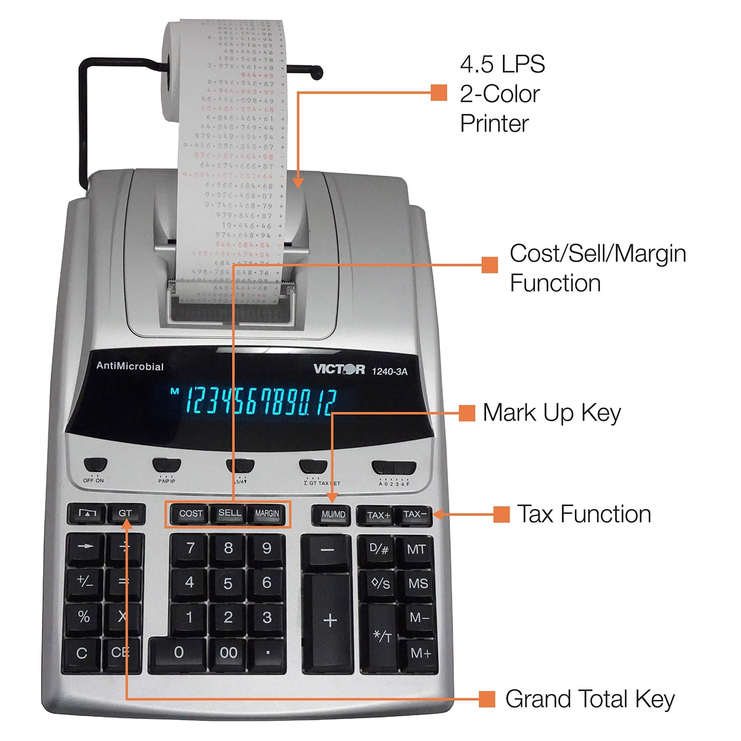Victor 12-Digit Desktop Adding Machine, Large Easy To Read Display, Tape Print Out with 4,5 lines-per-second ribbon printer, Tax, Cost, Sell