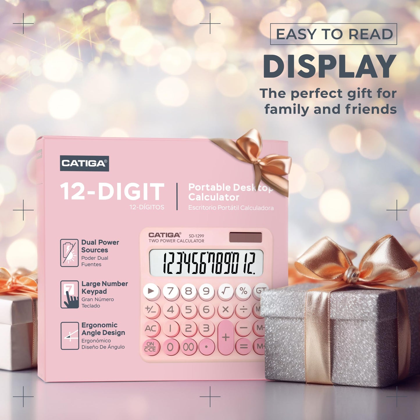 CATIGA Mechanical Switch Calculator with Solar and Battery Dual Power, 12-Digit Large LCD Display, Aesthetic and Cute Desktop Calculator with Big