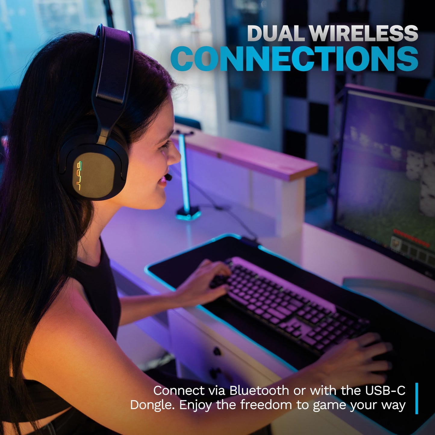 JLab Nightfall Wireless Gaming Headset, All-Night Comfort, 50mm Drivers and Sound Isolating Inner Shelf, Flip-to-Mute Rotating Mic, Dual Wireless