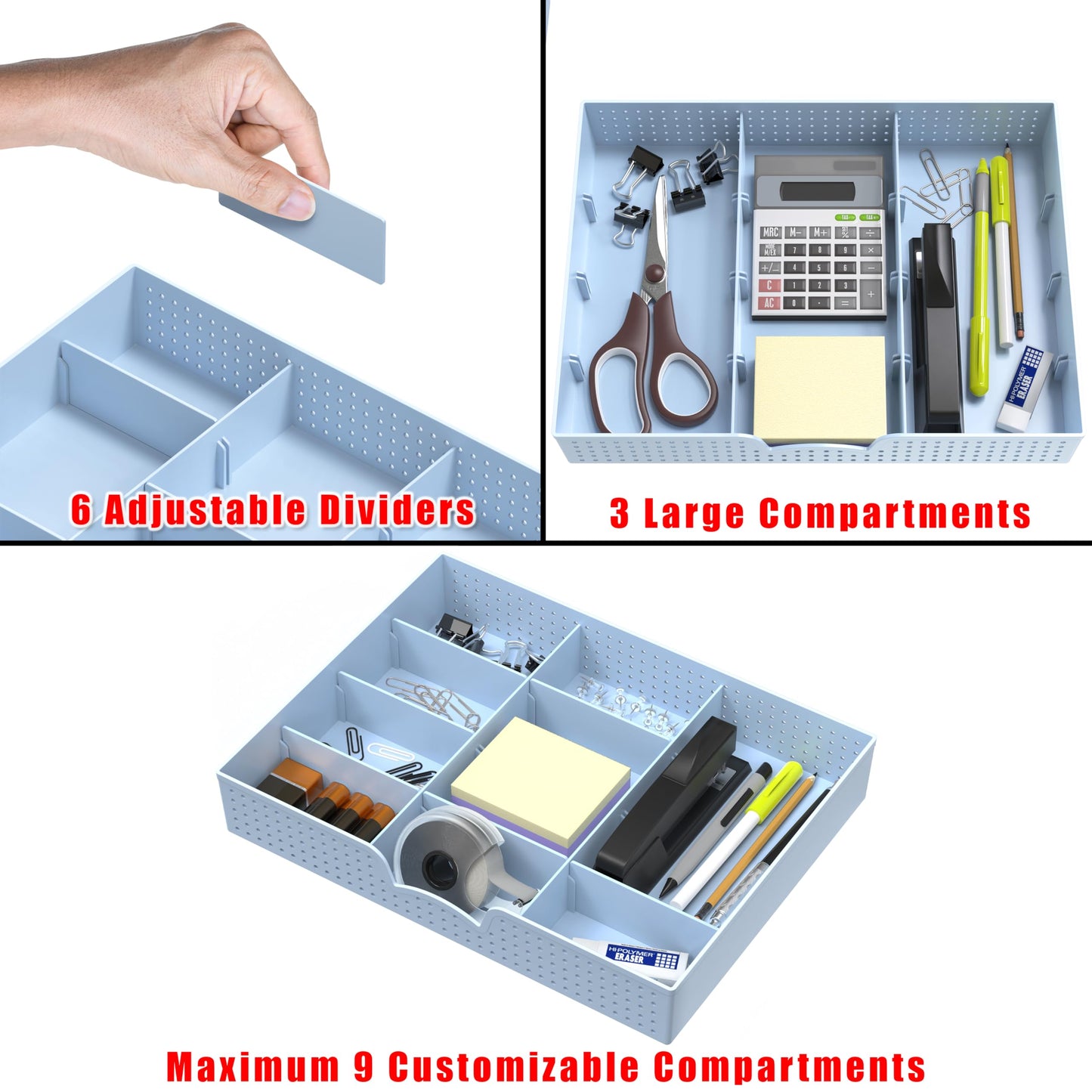 Simple Houseware Drawer Organizer Tray, 9 Adjustable Compartments, Blue