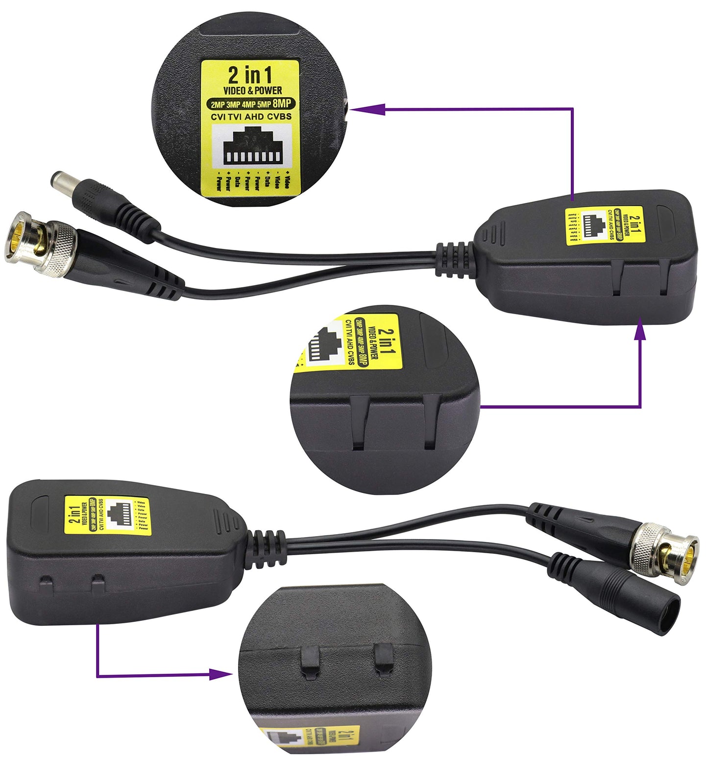 AAOTOKK Power Video Balun DC BNC to Cat5 RJ45 Network Transceiver HD-CVI/TVI/AHD/CVBS with DC Connector for 720P 960P 1080P 3MP 4MP 5MP 8MP CCTV