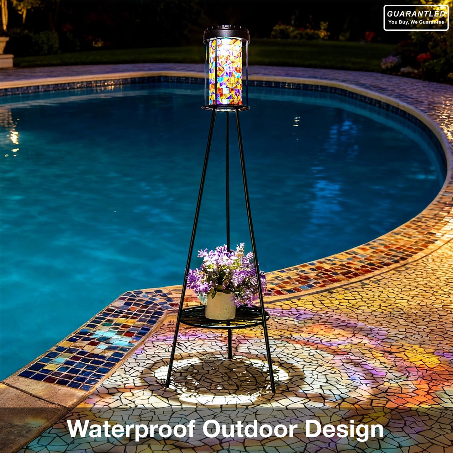 Outdoor Lamps for Patio, Outdoor Floor Lamp with Plant Stand, Solar Powered RGB Lights, Waterproof Standing Lamp for Garden Yard Décor, Stained Glass