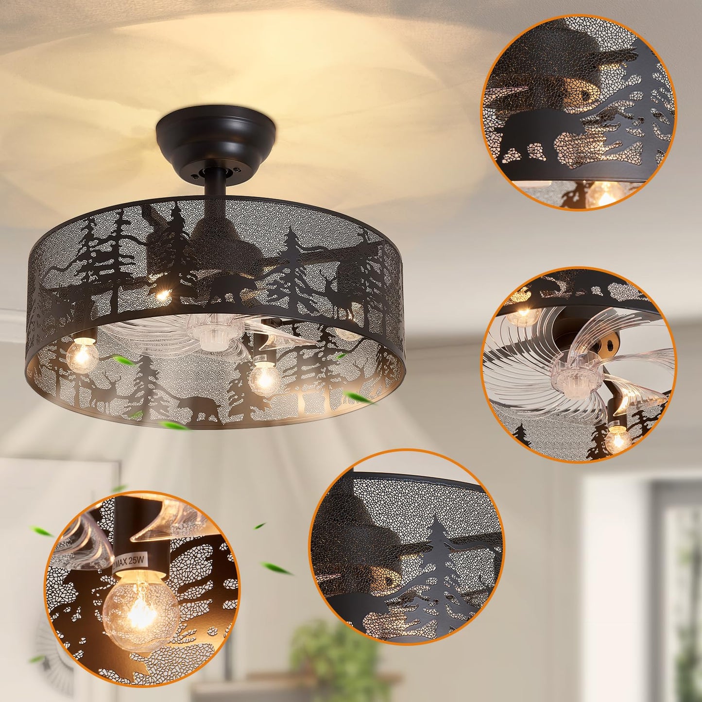 Merexcint Rustic Ceiling Fan with Light and Remote, Black Round Fandelier