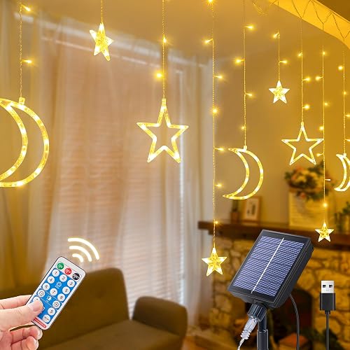 Qunlight Ramadan Solar Icicle Lights,10.8ft 138 LED Outdoor Waterproof Moons Stars Curtain Window String with 8 Modes Timer Remote,USB Rechargeable