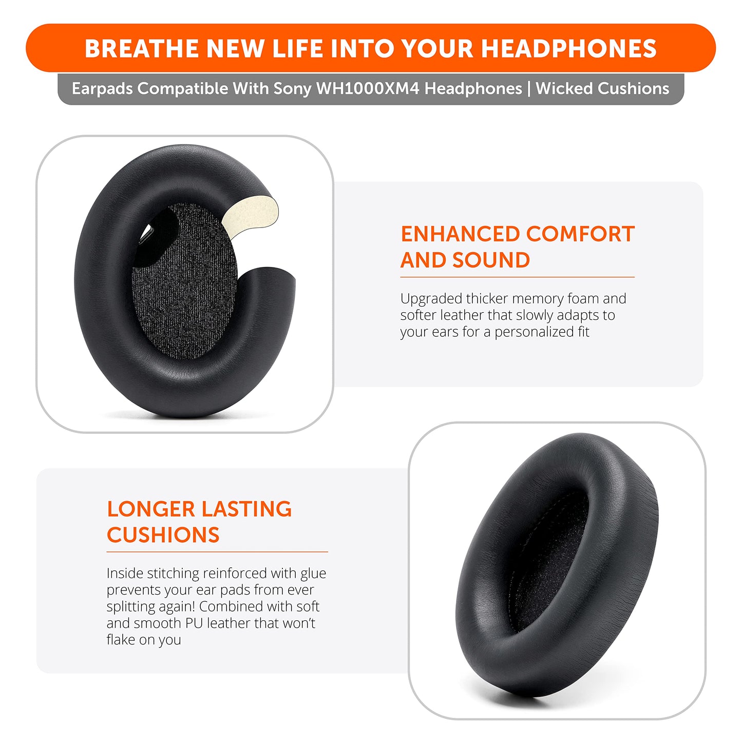 WC Wicked Cushions Extra Thick Earpads for Sony WH1000XM4 Headphones - Soft PU Leather Cushions, Luxurious Noise Isolating Memory Foam, Added