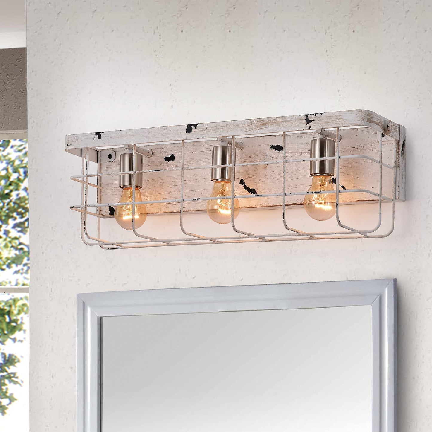 Edvivi 3-Light Caged Vanity Light, Antique White Wood Industrial Farmhouse Decor Lighting, Wall Lights Fixtures for Mirrors, Bedroom, Living Room