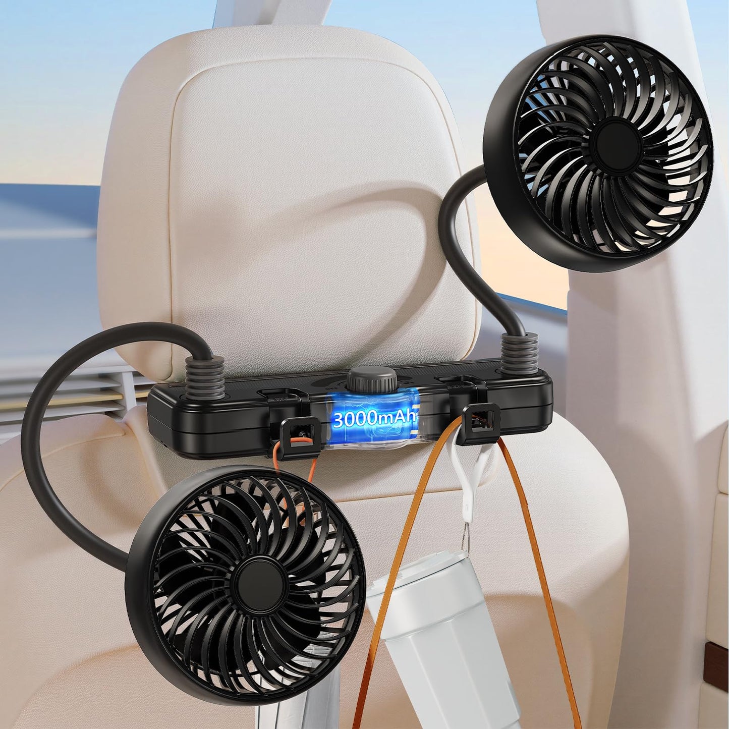 scenein Dual Head Gooseneck Car Cooling Fans for Back Seat for Kids, 3000mAh Battery Powered Rechargeable Usb Car Headrest Fan for Baby Rear Facing
