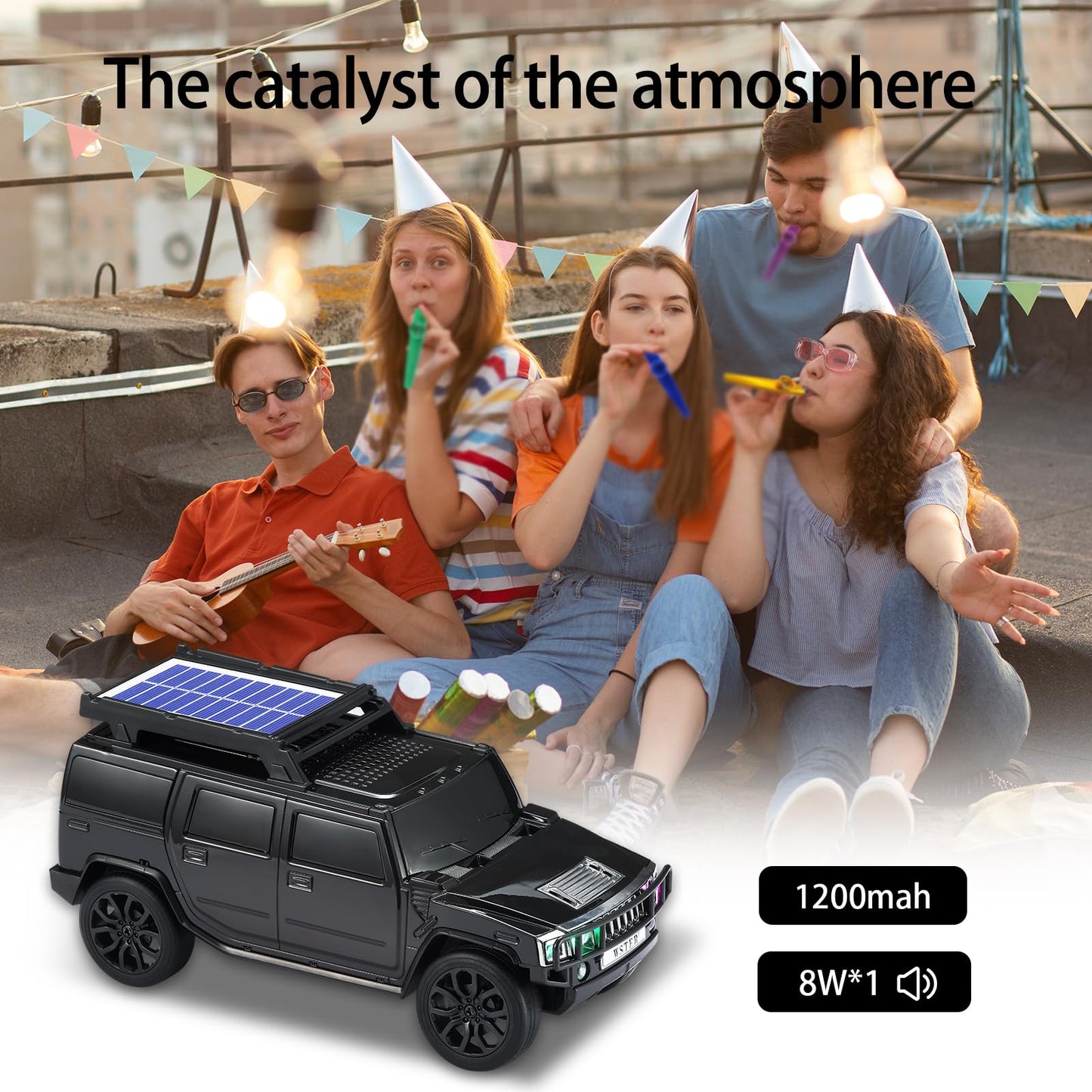 WSTER WS-696 Solar Bluetooth Replica Speaker - Portable Modern Off-Road Car Design with HD Sound, TWS, LED Party Light, USB/TF Playback, FM, Built-in