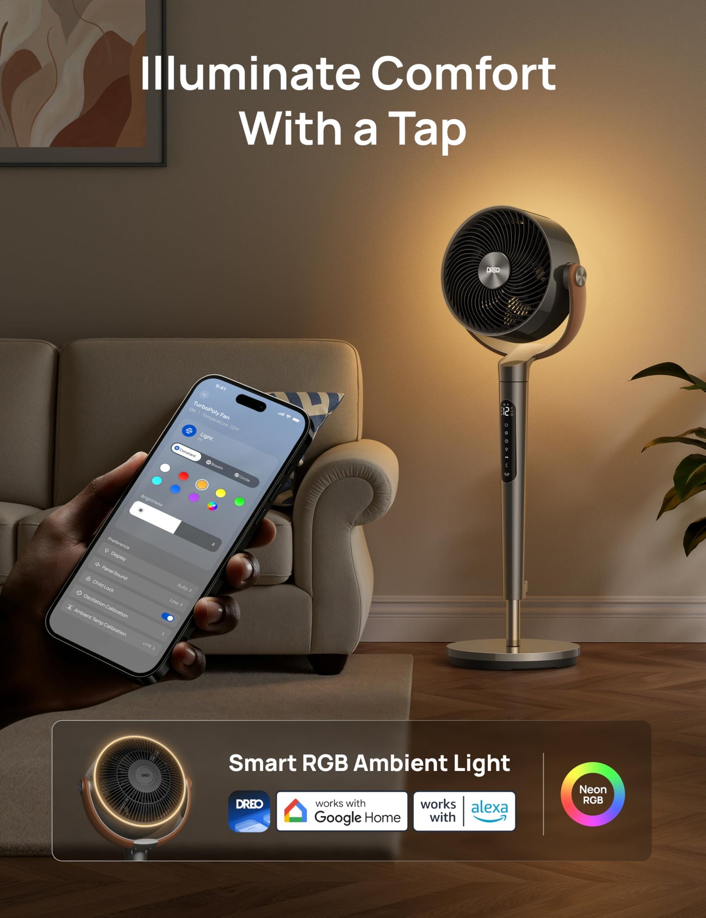 DREO Smart Fan for Bedroom, 120°+105° Omni-directional Oscillating, Quiet 20dB Fan, 100ft Air Circulator Pedestal Fan with DC Motor, 8 Speeds, 6