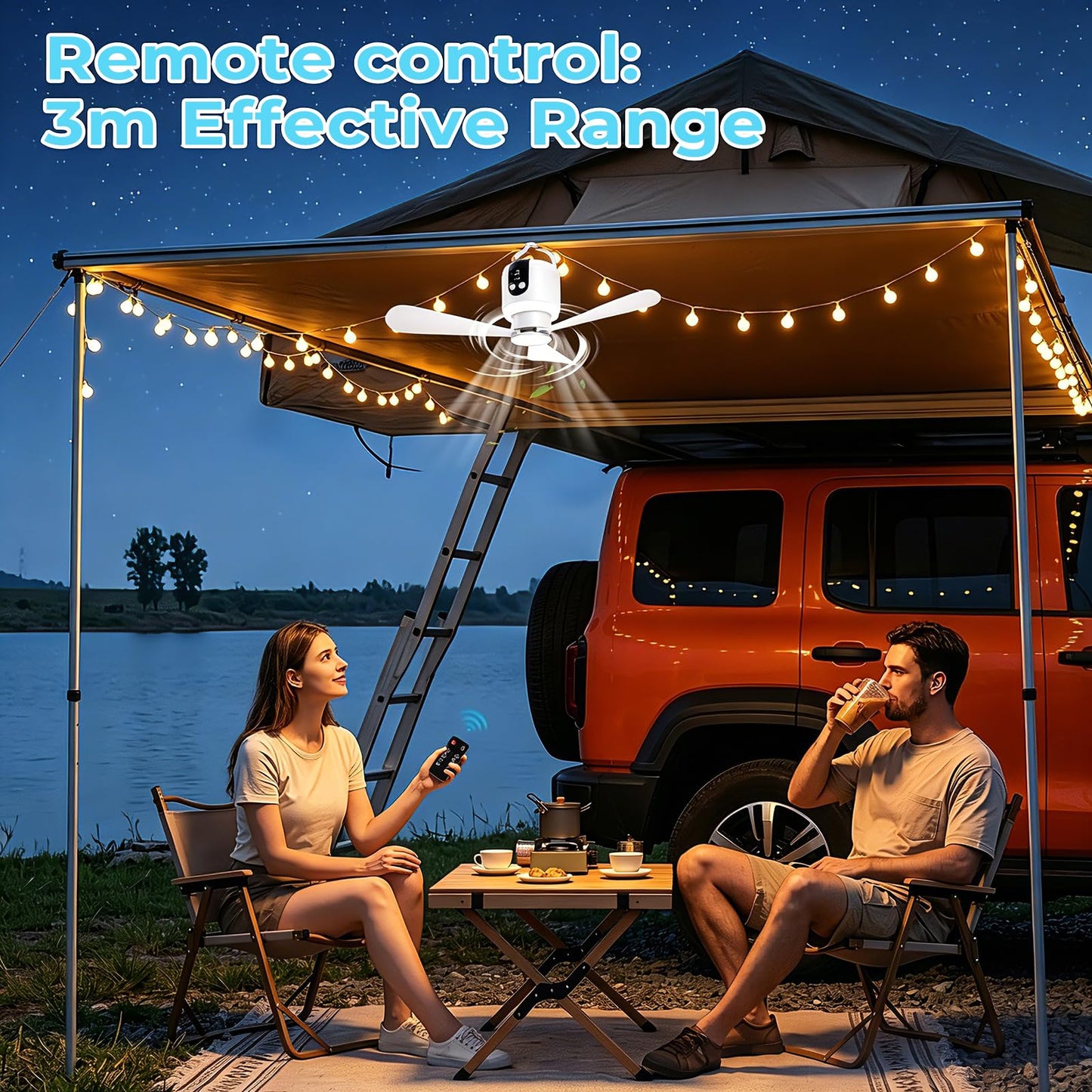 Tent Fan,18" Outdoor Camping Fans for Tents,Portable Ceiling Fan with Lights Remote,15600mAh Battery Operated Ceiling Fan,Rechargeable Tent Ceiling