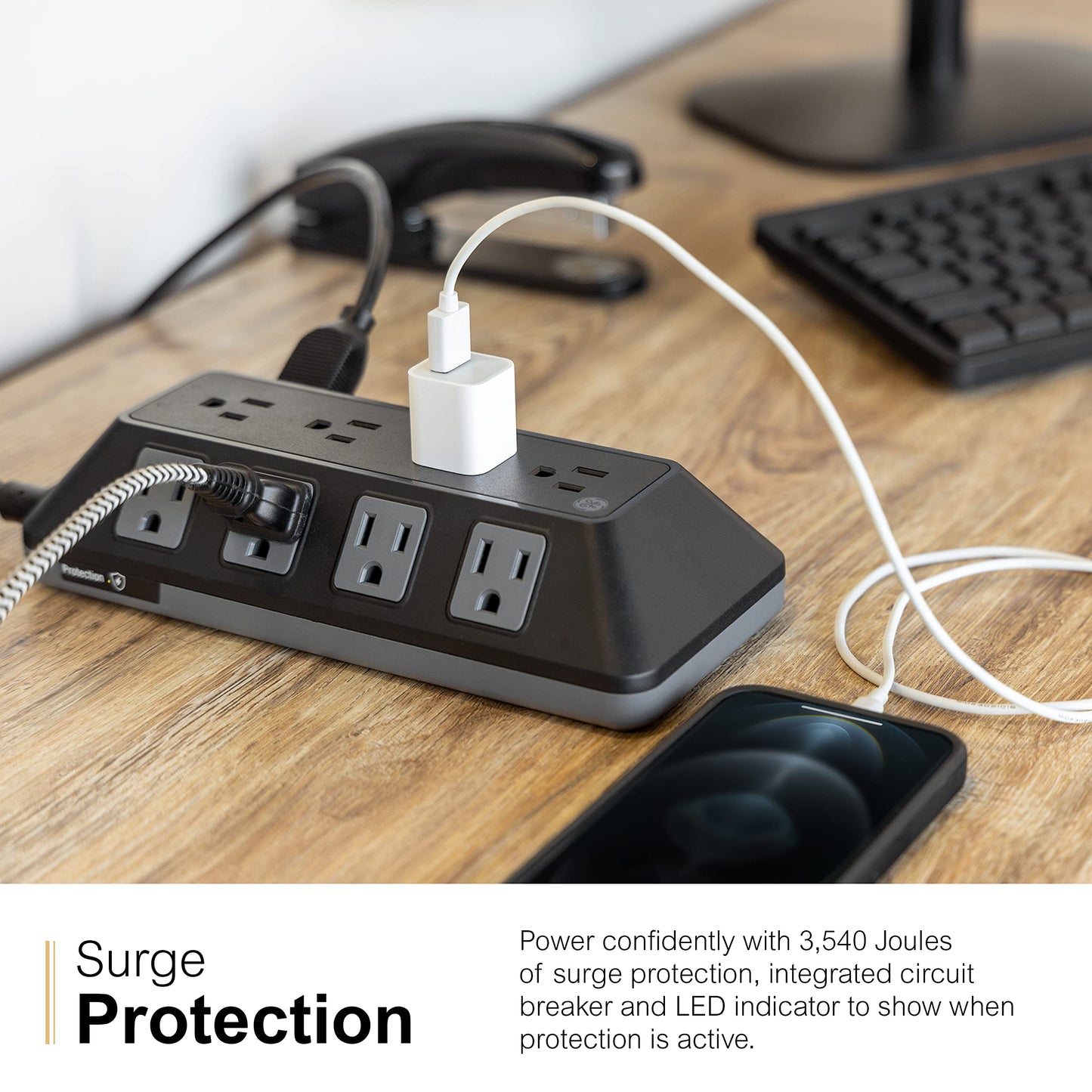 GE UltraPro Adapt 12-Outlet Surge Protector, 6ft Braided Heavy Duty Extension Cord, Flat Plug Power Strip, 3540 Joules, Black, 74542