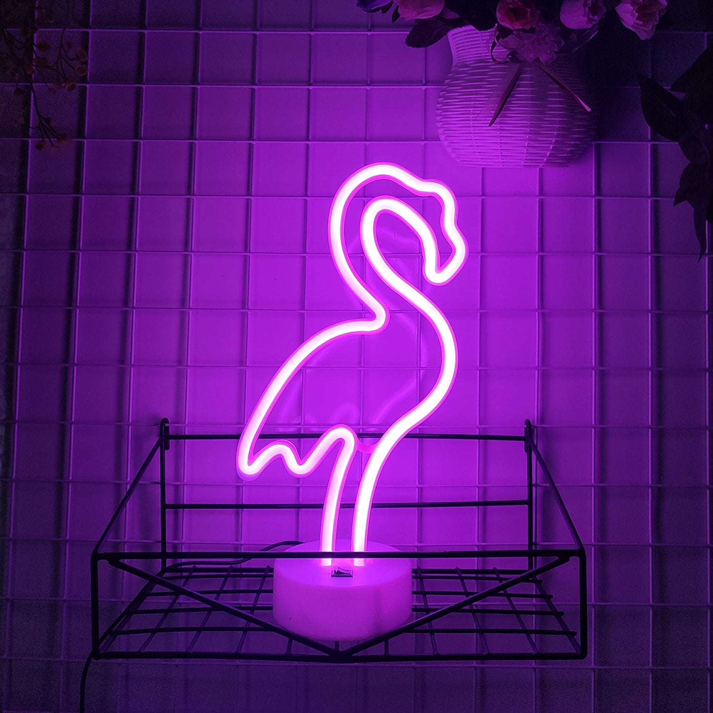 JYWJ Flamingo Neon Sign with Holder Base,USB or 3-AA Battery Powered Neon Light,LED Desktop Wall Decoration,Various Parties,Decoration of Business