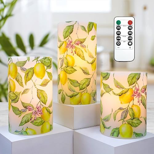 Crystal Club Lemon Flameless Candles with Remote and Timer, Battery-Operated Spring Theme LED Pillar Candles, Realistic Candle for Home Birthday Party