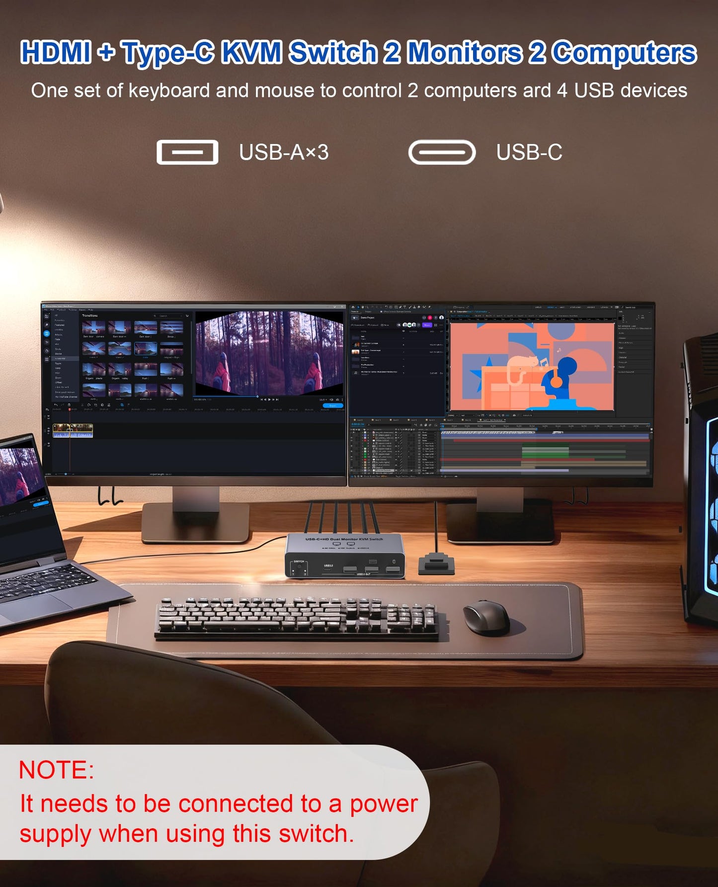 USB-C+HDM KVM Switch 2 Monitors 2 Computers - 8K@60Hz 4K@60Hz USB C KVM Switch Dual Monitor for Laptop & Desktop to Share 2 Monitor and 4 USB3.0