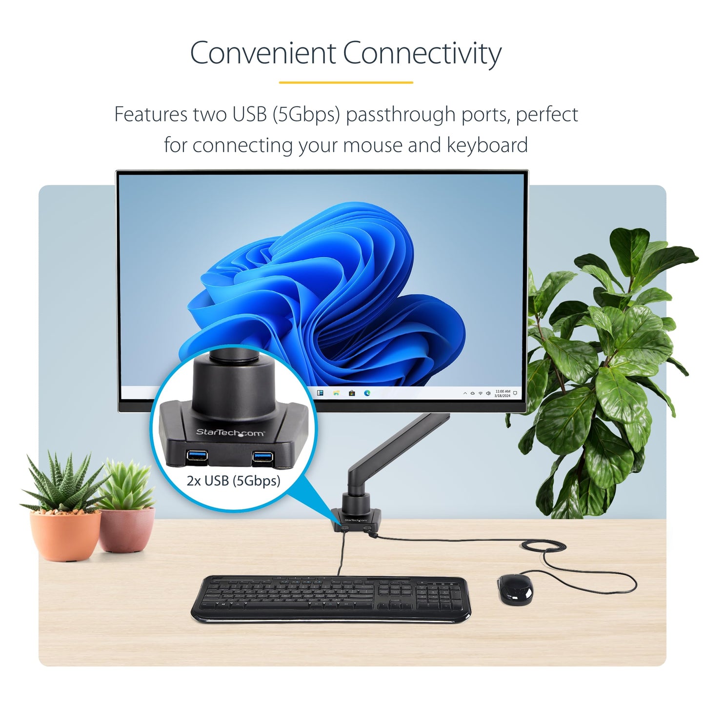 StarTech.com Desk Mount Monitor w/with 2X USB 3.0 Ports for VESA Display up to 34" (17.6lb/8kg), C-Clamp/Grommet, Mechanical Spring