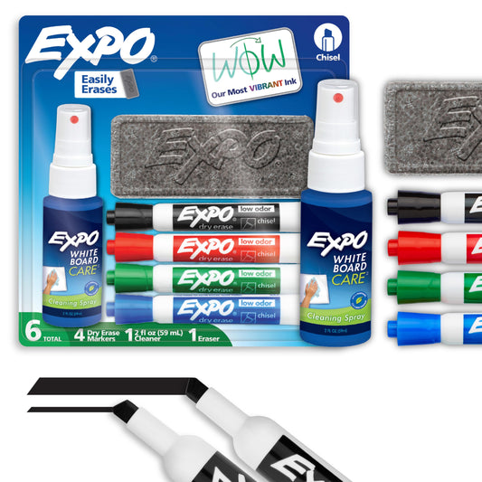 EXPO Dry Erase Markers Kit, Chisel Tip, Assorted Colors, Eraser, Spray Cleaner, 6 Count - Whiteboard, Calendar, Office Essentials, School, Classroom