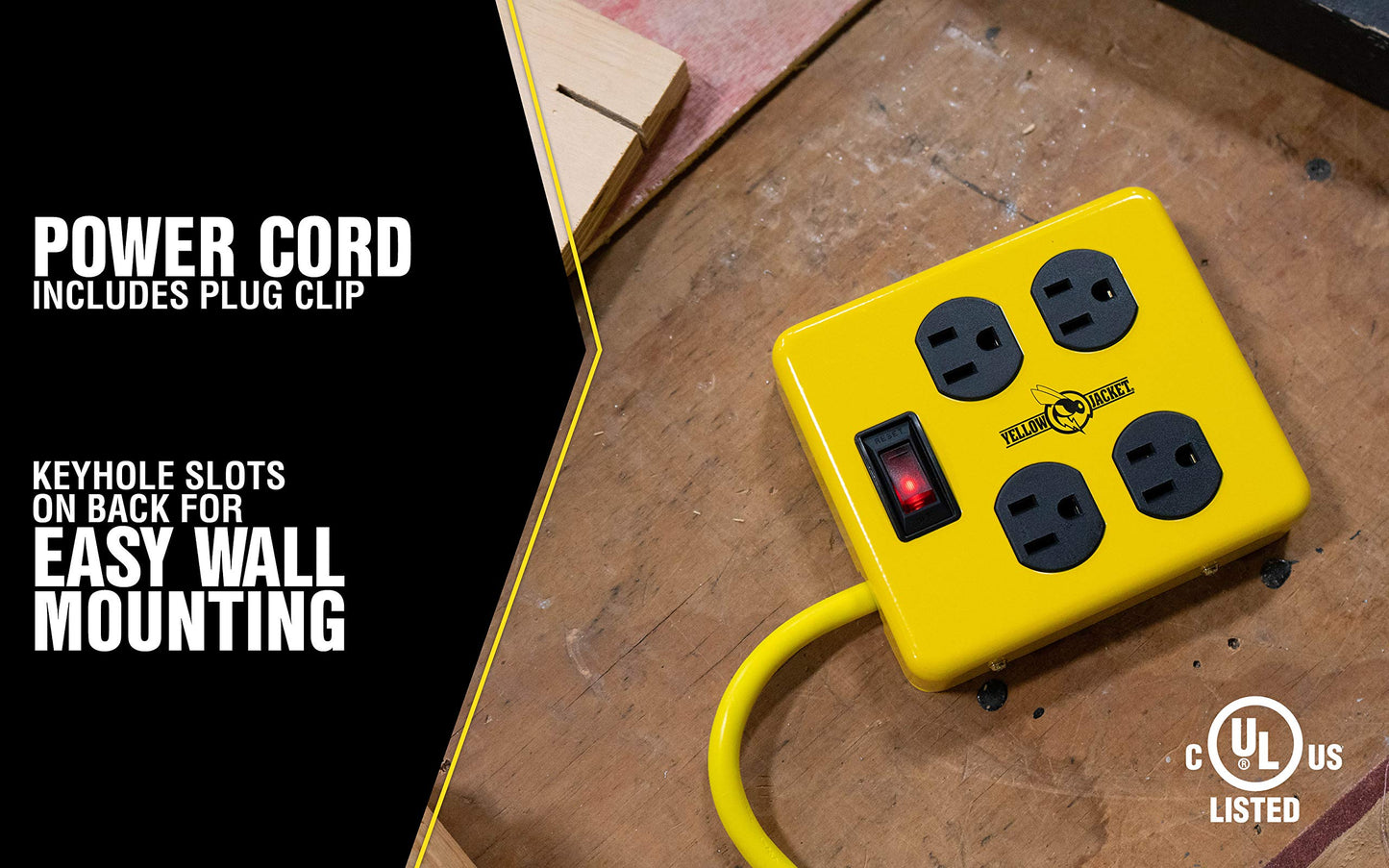 Southwire Yellow Jacket Metal Power Block - Heavy Duty Design - 4 Outlet Grounded Plug Splitter - Lighted Switch - 4 Ft Yellow Cord Plug - Durable