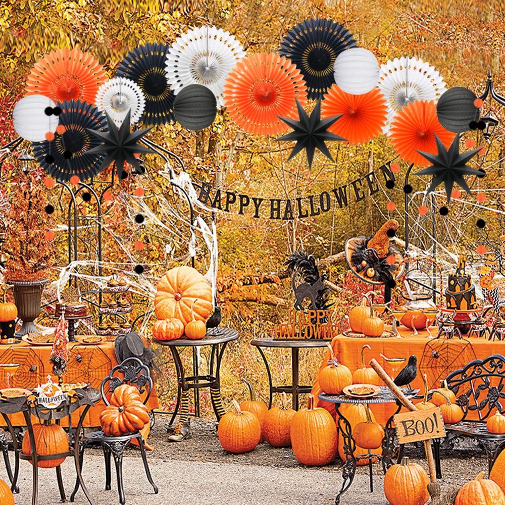 ADLKGG Orange White Black Halloween Decorations, Hanging Tissue Paper Fans Circle Garland Paper Lanterns for Graduation Wedding Anniversary Birthday