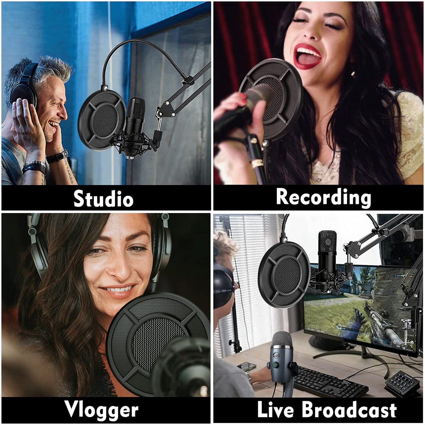 Mic Pop Filter, Professional Metallic Mic Pop Filter Mesh for Blue Yeti and Any Other Mic, ARISEN Dual Layered Microphone Pop Filter, Mic Filter with