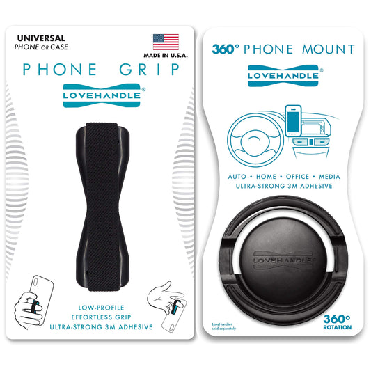 LOVEHANDLE Cell Phone Holder and Grip 360 Mount and Grip - Car Mount for Smartphones and Mini Tablets with 360 Rotation Technology - Combo Pack (Black