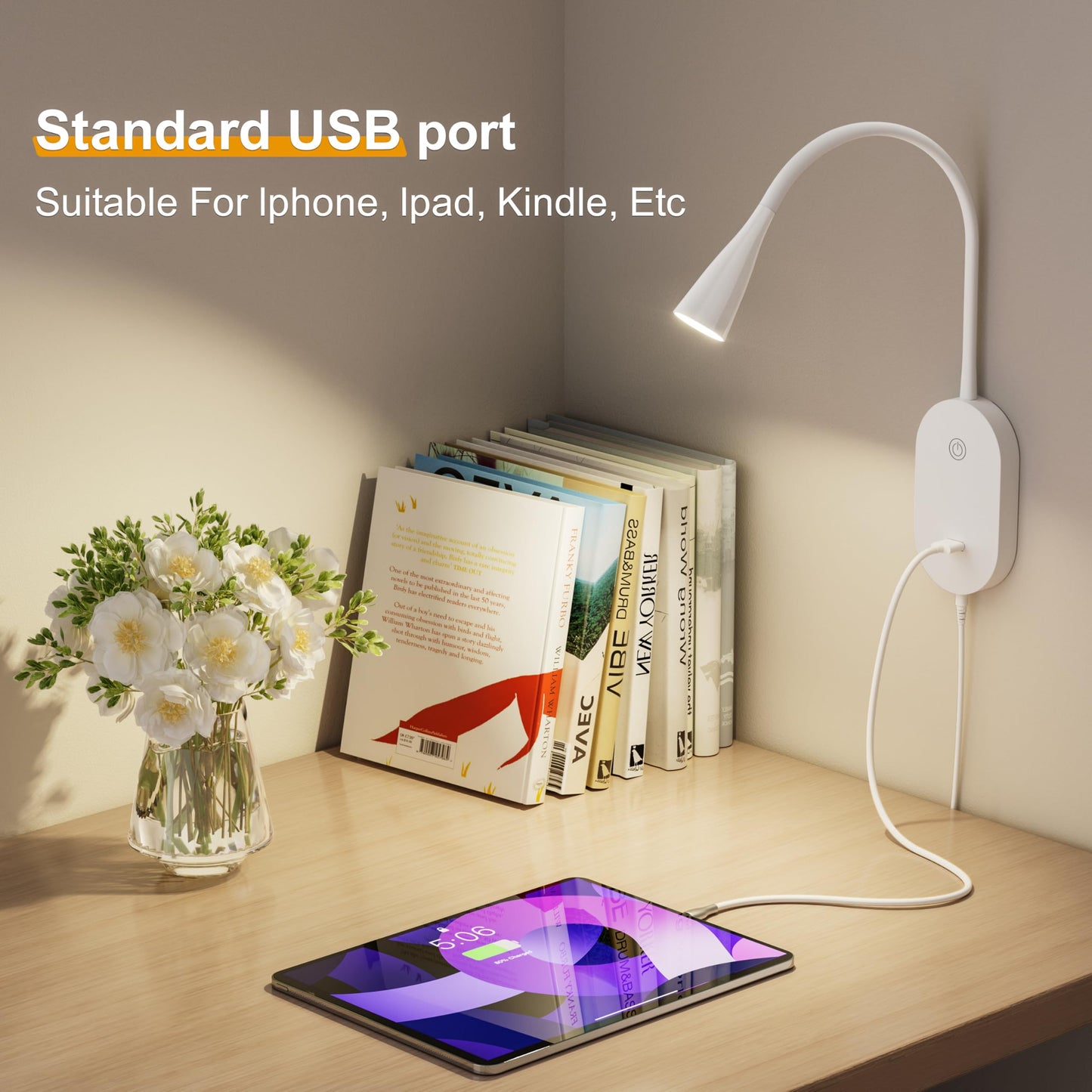 TOPMB Wall Mount Reading Light, Focused Book Light for Reading in Bed, 5 Dimming, USB Output, 4 Hours Auto Off, Touch Control, Flexible Gooseneck