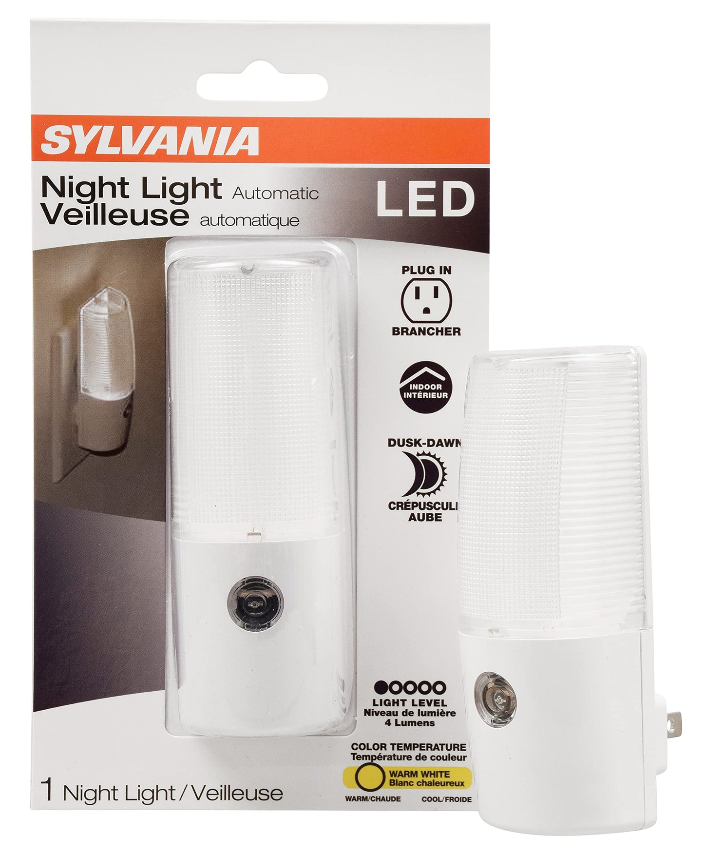 SYLVANIA Automatic Traditional Style Night Light, 10 Lumens, Warm White, 3000K, Plug-In - 1 Pack (64990)