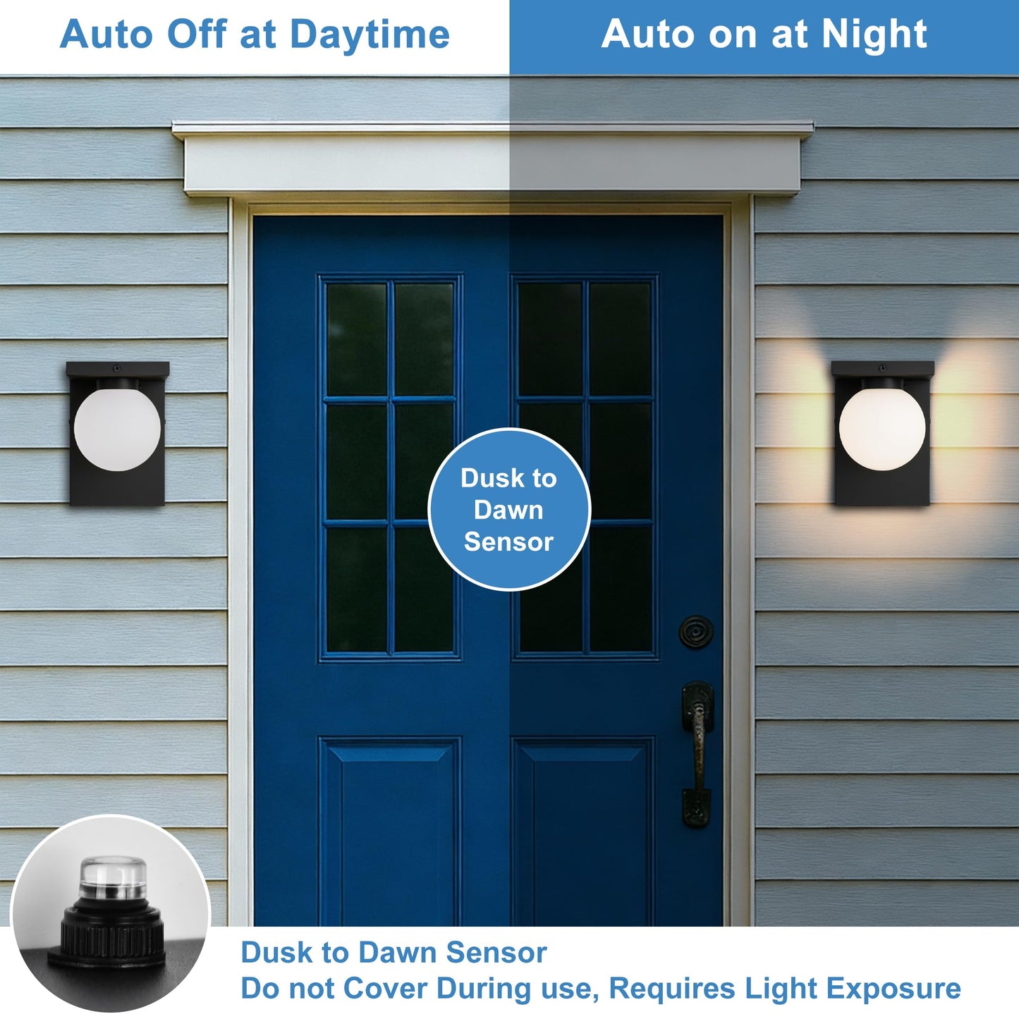 Black Exterior Light Fixture, Dusk to Dawn LED Outdoor Wall Light, 12W Integrated LED Modern Farmhouse Sconce with Frosted Glass Globe Shade