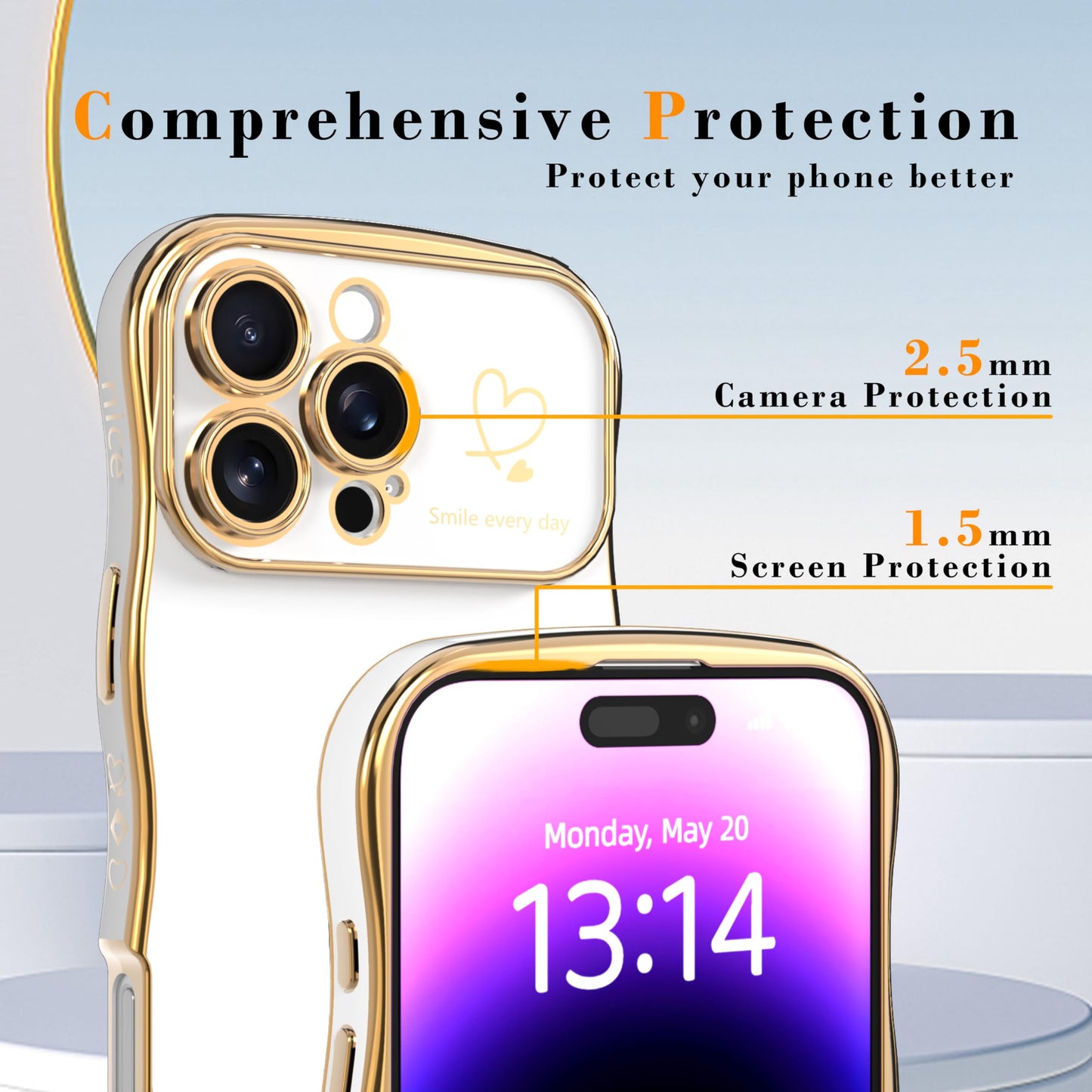 IAIYOXI for iPhone 13 Case for Women & Girls - Cute Wave Design with Curly Shape, Heart Pattern, Raised Camera Protection, Luxury Plating