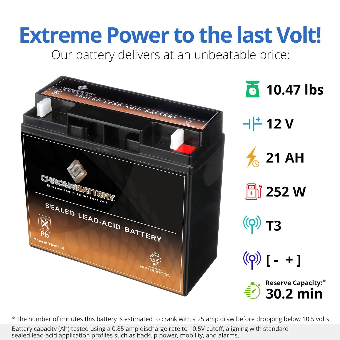 CB CHROMEBATTERY 12V 21Ah SLA Battery - T3 Nut & Bolt Terminal - Deep Cycle Design Rechargeable Power for Alarms, Scooters, Toys & More…