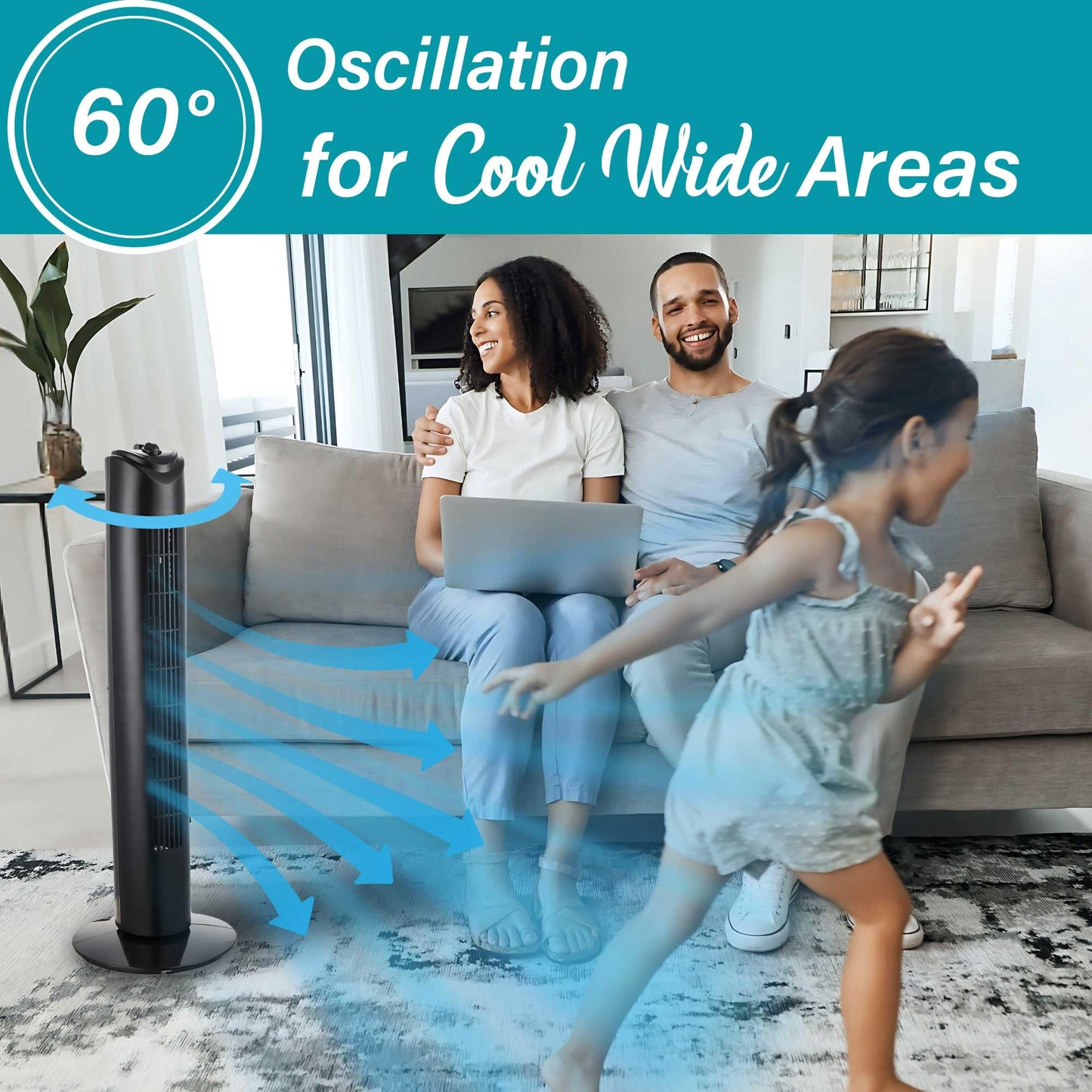 Brentwood 32” Portable Quiet Tower Fan with 3-Speeds, Powerful 16 FT/S Velocity, Wide 60° Oscillation, 2H Timer, Built-in Carry Handle (Black)