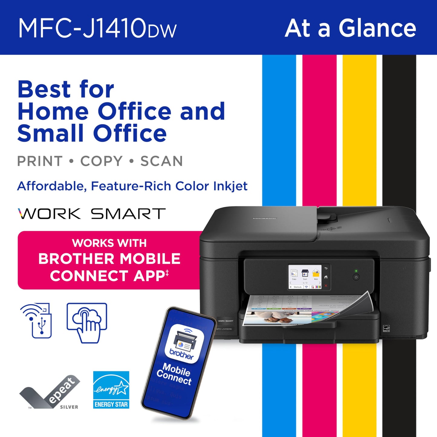 Brother Work Smart 1410 Wireless Color Inkjet All-in-One Printer with 2.7” Touchscreen and Automatic Duplex Printing | Includes Refresh Subscription