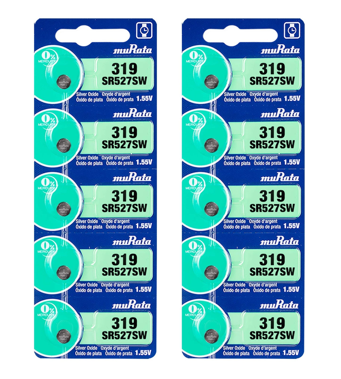 Murata 319 Battery SR527SW 1.55V Silver Oxide Watch Button Cell (10 Batteries)