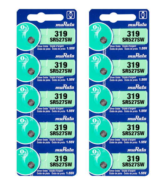 Murata 319 Battery SR527SW 1.55V Silver Oxide Watch Button Cell (10 Batteries)