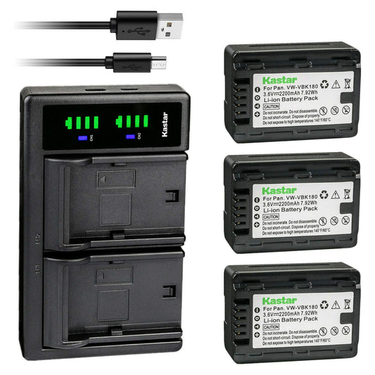 Kastar 3-Pack VW-VBK180 Battery and LTD2 USB Charger Replacement for Panasonic HDC-SD80P, HDC-SD80PC, HDC-SD80R, HDC-SD90, HDC-SD90EB-W-2012