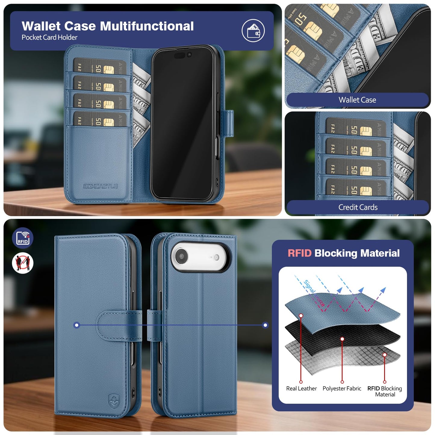 BoxCastle Magnetic 2 in 1 Detachable Compatible with Magsafe iPhone Air Genuine Wallet Case with Card Holder,Women Men Real Leather Flip RFID Blocking