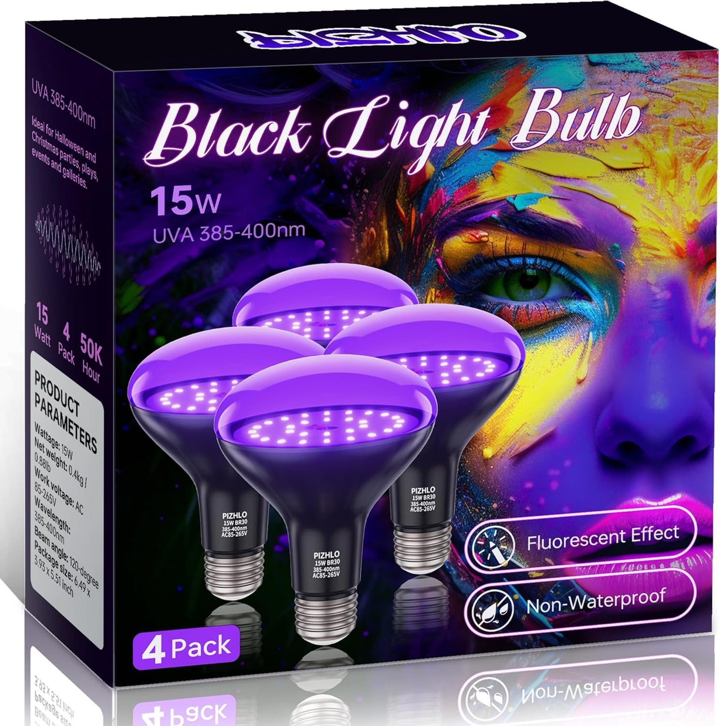 PIZHLO 4 Pcs 15W LED Black Light Bulbs, BR30 E26 Black Shell Blacklight LED Bulb, 385-400nm, Glow in The Dark for Blacklight Party, Body Paint