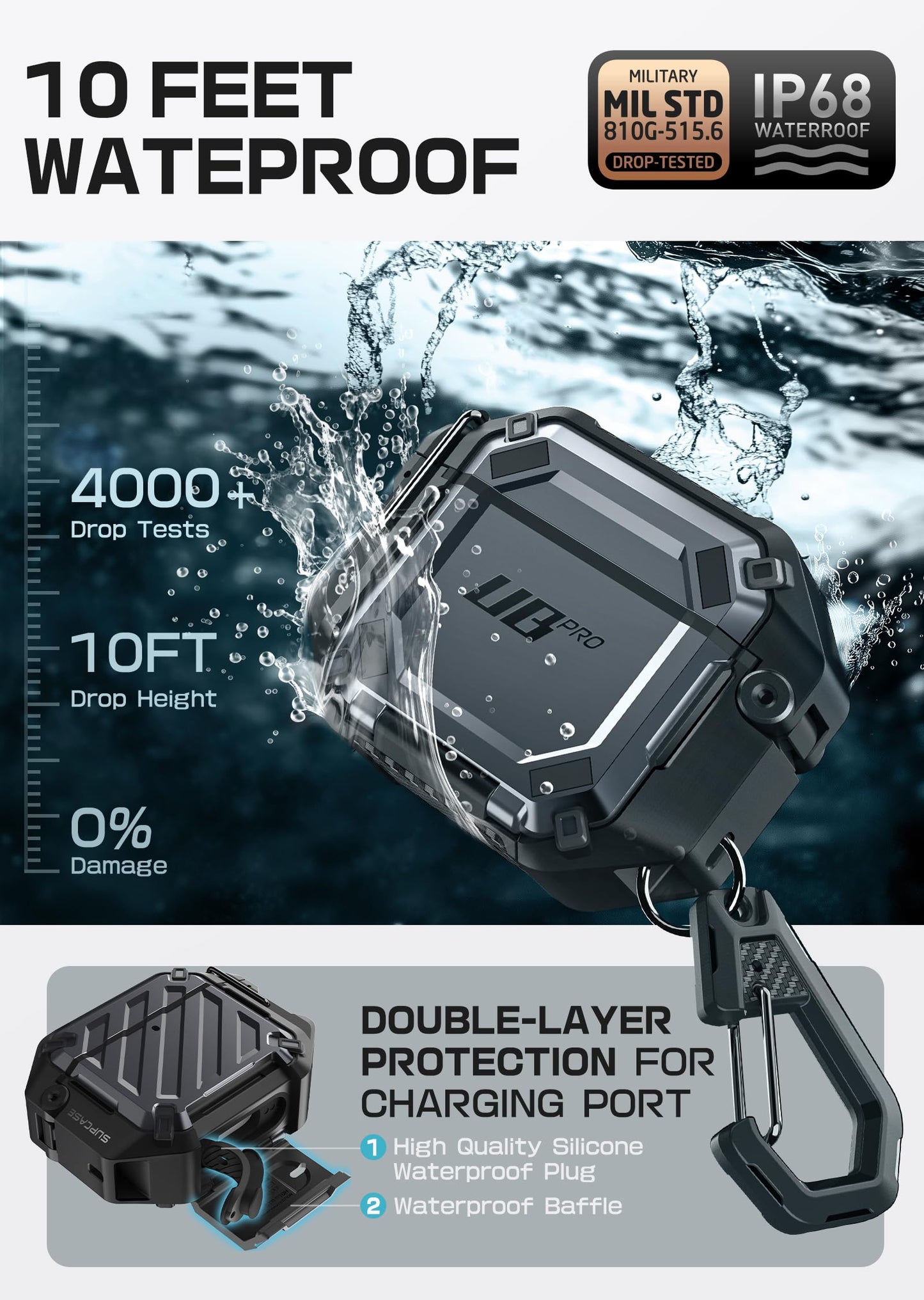 SUPCASE for AirPods 4 Case with Lock & Carabiner, IP68 Waterproof, Compatible with MagSafe, Military-Grade Protection Anti-Scratch Hard Shell Cover