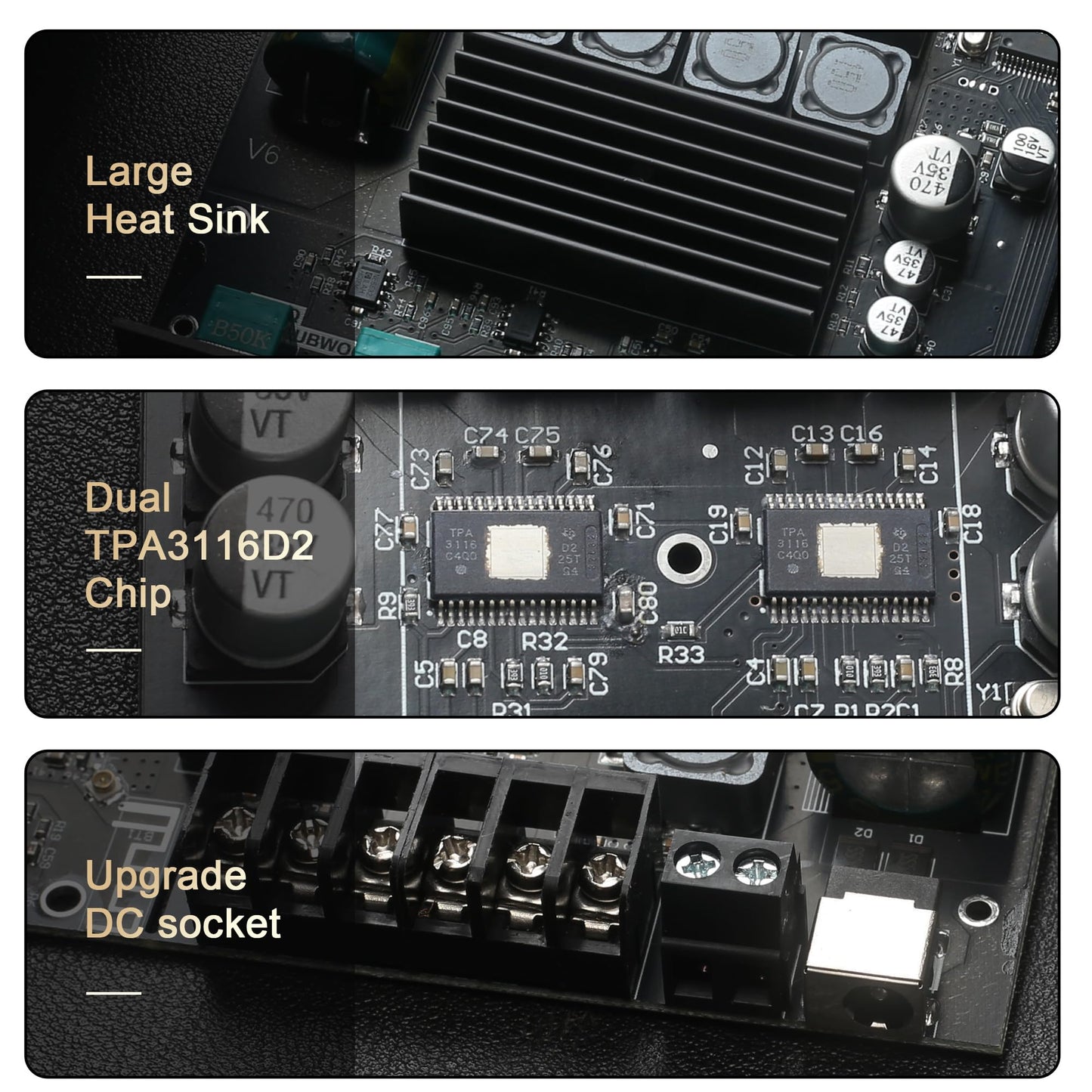 ZK-TB21 Power Amplifier Board Bluetooth5.1 TPA3116 Chip with Subwoofer 2.1 Channel 50W×2+100W, DC 12-24V Bluetooth and AUX Inputs