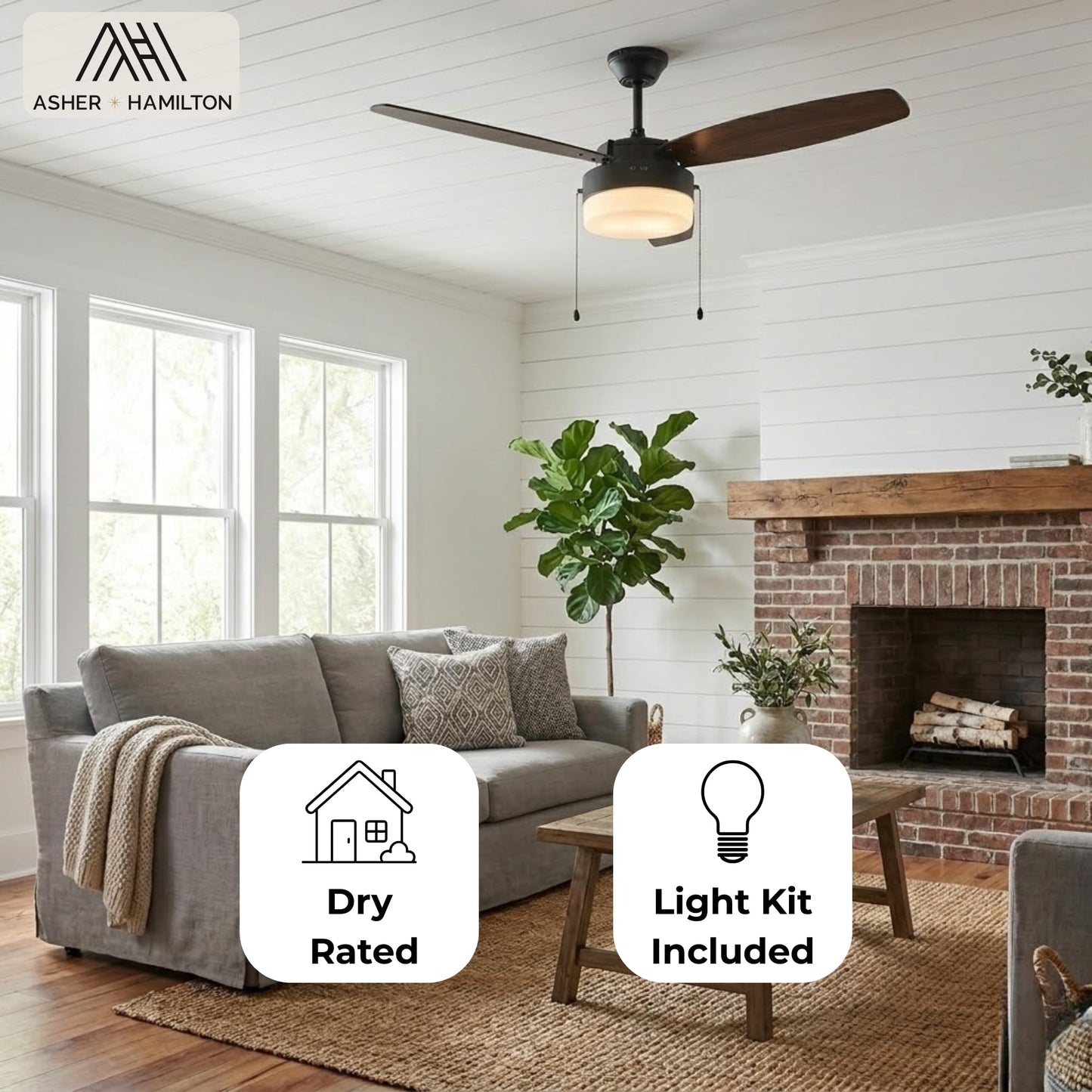 Asher Hamilton AHF-212BK Willow 52 Inch Indoor Ceiling Fan | 3 Blade Configuration | Requires E26 Medium Base Bulbs | Dry Rated Ceiling Fan | Frosted