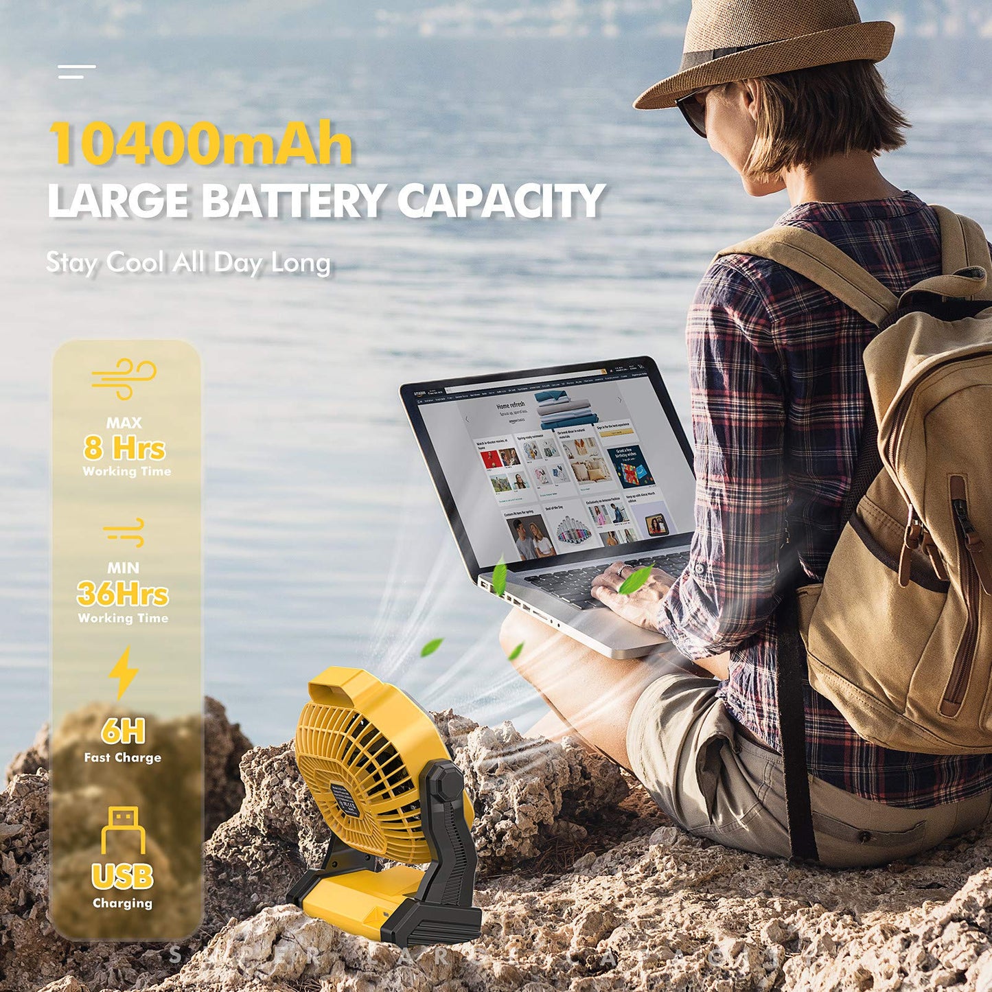 JINLICTE Portable Camping Fan, Rechargeable Battery Powered Tent Fans for Camp Hanging, [8-36Hrs Runtime], 9 Inch, Stepless Speed, Powerful&Quiet,