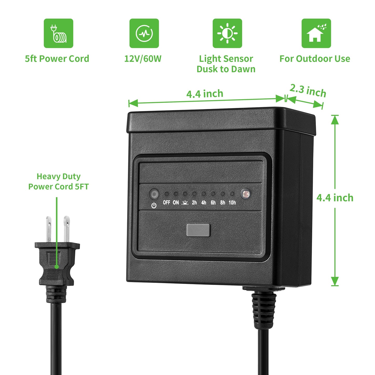 QITIM 60W Low Voltage Landscape Transformer with Timer and Photocell Sensor, 120V AC to 12V DC, Dusk to Dawn and 2/4/6/8/10 Countdown Timer