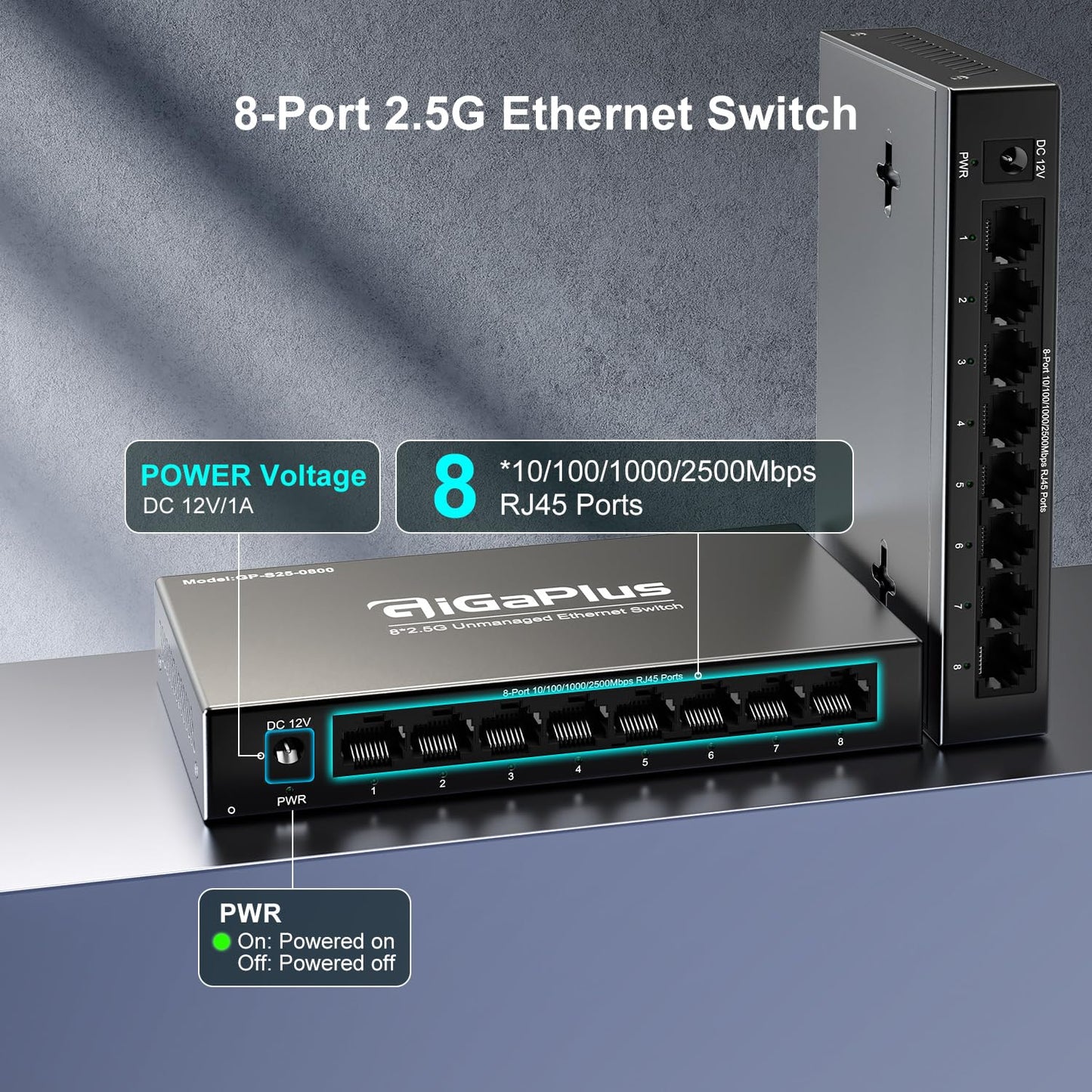 8 Port 2.5Gb Unmanaged Ethernet Switch with 8* 2.5G Base-T Ports. GiGaPlus 2.5Gbps Network Switch for 2.5Gbps NAS/PC, WiFi6 Router, Wireless AP