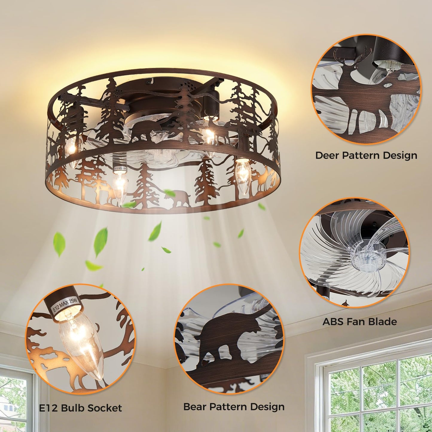 DESOOP Farmhouse Flush Mount Ceiling Fan, Bronze Ceiling Fan with Remote