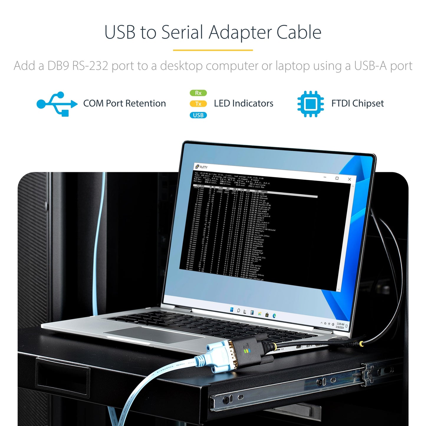 StarTech 10ft/3m USB to Serial Adapter Cable, COM Retention, FTDI IC, USB-A to DB9 RS232, Interchangeable DB9 Screws/Nuts