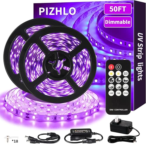 PIZHLO 50 Foot Black Light Strips & Remote, Dimmable Flexible Blackights Strip Lights for Glow Party Body Paint Birthday Bedroom Room Fluorescent