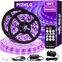 PIZHLO 50 Foot Black Light Strips & Remote, Dimmable Flexible Blackights Strip Lights for Glow Party Body Paint Birthday Bedroom Room Fluorescent